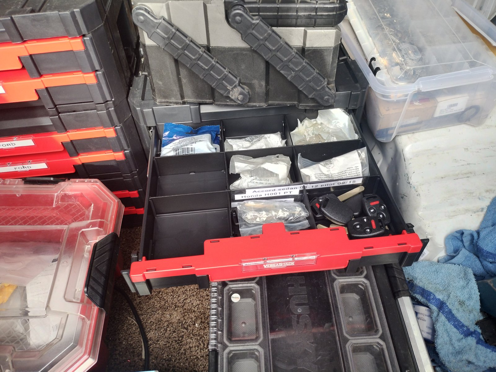 Organized key blank stock inside the locksmith van